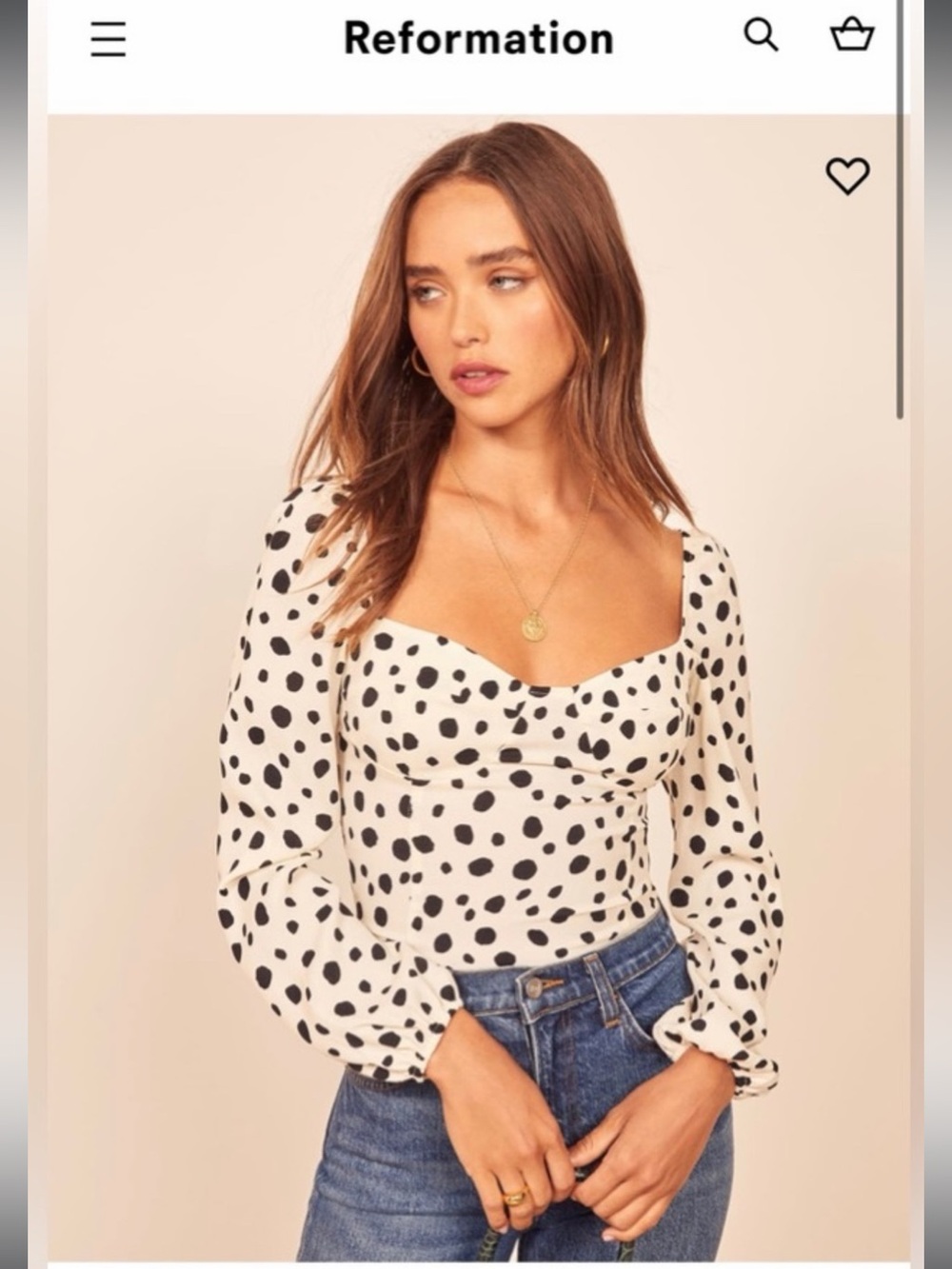 Reformation Cream and Black Polka Dot Sweetheart Long-Sleeve Top